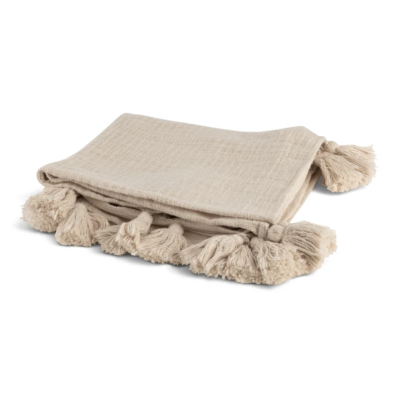 Plaid Beige Groot Met Pompons 180 x 150 cm