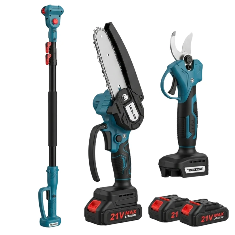 Truskore 4-in-1 Accu Tuingereedschap Set 244cm - Telescopische Snoeischaar & Telescopische Mini Kettingzaag - Mini Kettingzaag & 25 mm Elektrische Snoeischaar - 21V Li-Ion - 8 inch - Incl. 2 Accu's, Lader