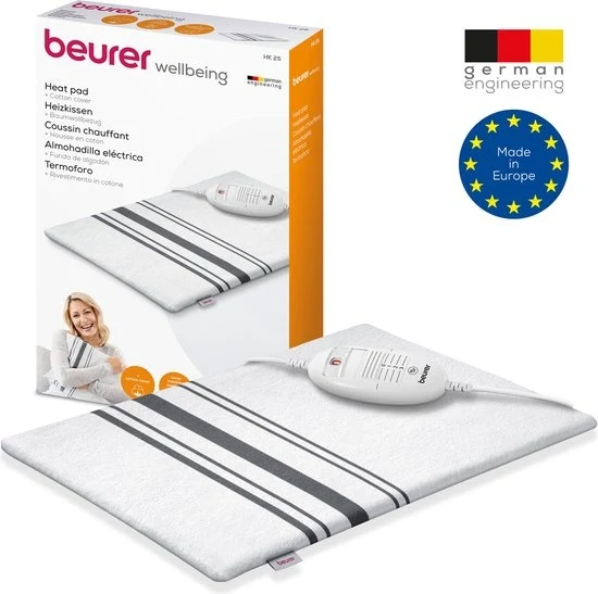 Beurer HK 25 Elektrisch Warmtekussen - Heating Pad - 40 x 30 cm - 3 Warmtestanden - Max. 65¬∞C - Automatische uitschakeling - Fleece/katoen - Hoes machinewasbaar - Grijs/wit