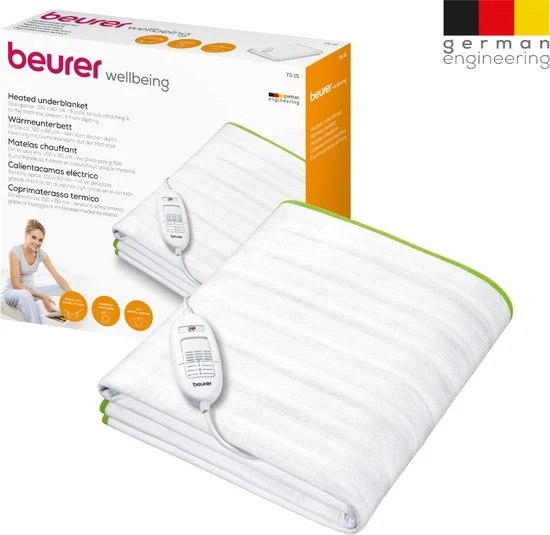 Beurer TS 15 Elektrische deken - Onderdeken - 150 x 80 cm - 3 Warmtestanden - Automatische uitschakeling - Fleece - Machinewasbaar tot 30°- Wit