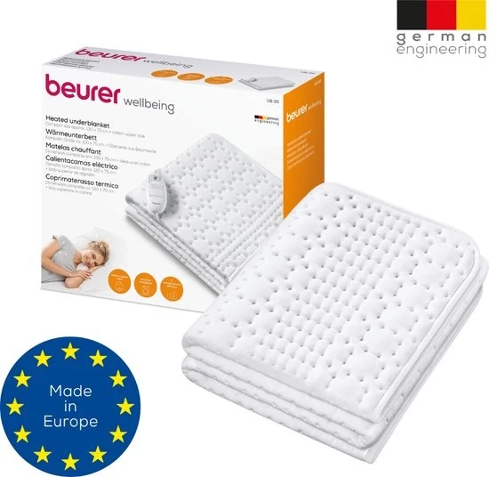 Beurer UB 30 Elektrische deken - Onderdeken - 130 x 75 cm - UB 30 - 3 Warmtestanden - Automatische uitschakeling - Katoen/fleece - Machinewasbaar - Wit