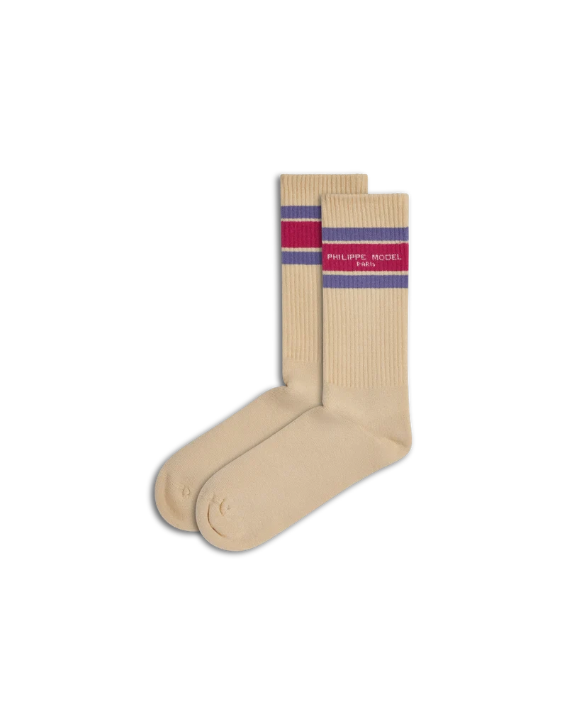 Socks in Cotton, Beige Fuchsia Purple