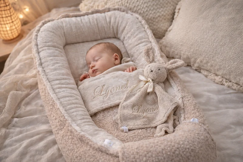 Babynestje Taupe Bouclé & Bamboe – Handgemaakt in Nederland – Oeko-Tex – Inclusief Gratis Dekentje
