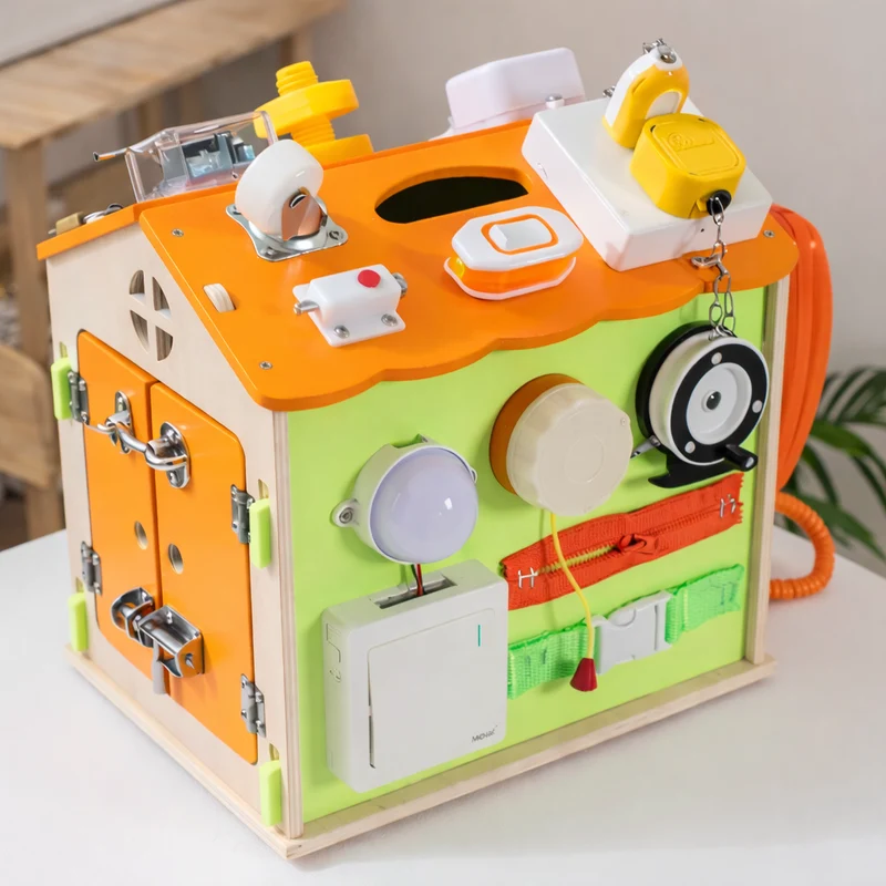 Montessori Activiteitenhuis van Hout – Educatief Busy Board Speelgoed voor Peuters (1+ jaar)