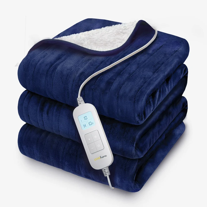 Double Fleece & Sherpa Electric Heated Throw - navy