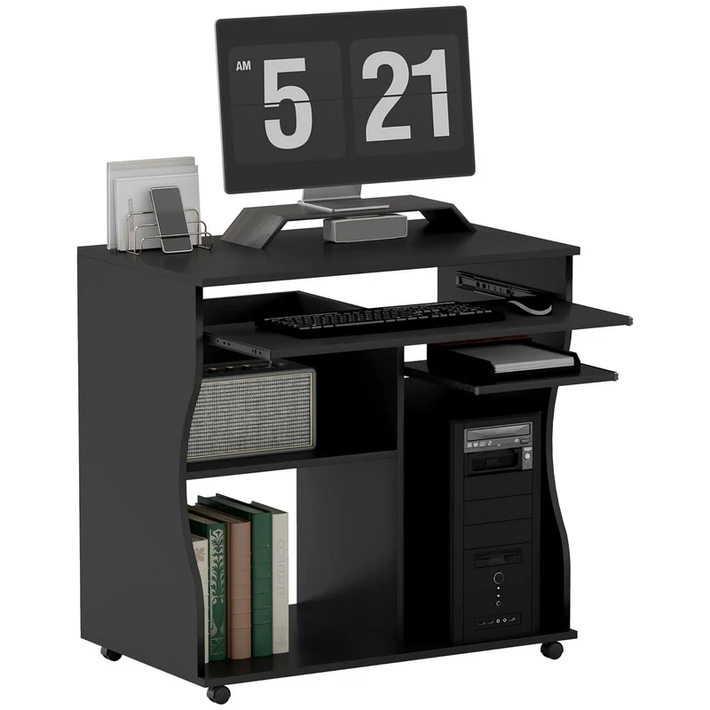 Verrijdbaar compact bureau 80x48 cm – zwart met toetsenbordlade en opbergruimte | Zenzee