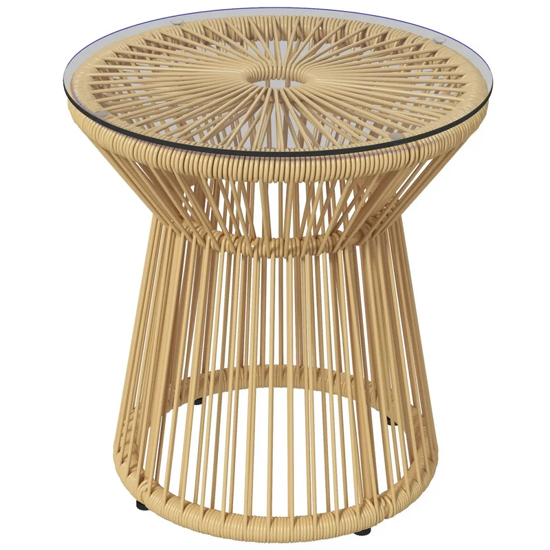 Beige rattan boho bijzettafel 40x40x42 cm – met gehard glasblad