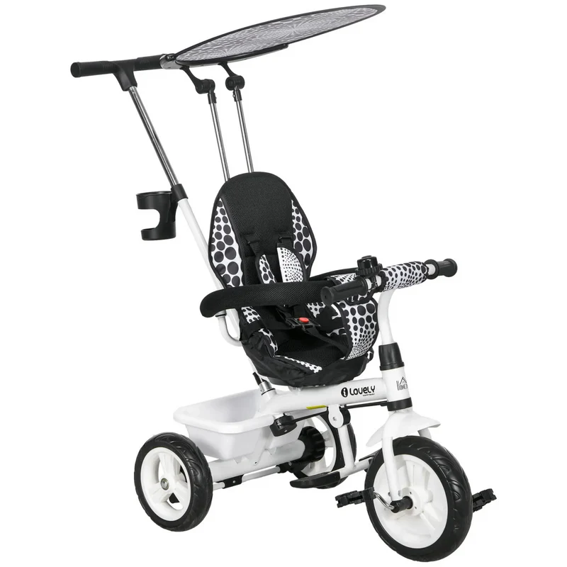 Witte 6-in-1 driewieler met duwstang, zonnedak en opbergmand – 105x47x98 cm