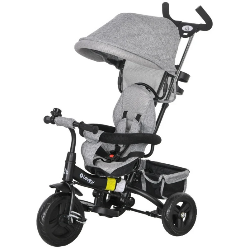 Grijze 6-in-1 driewieler met duwstang, zonnedak en opbergmand – 95x50x106 cm voor kinderen van 1–5 jaar