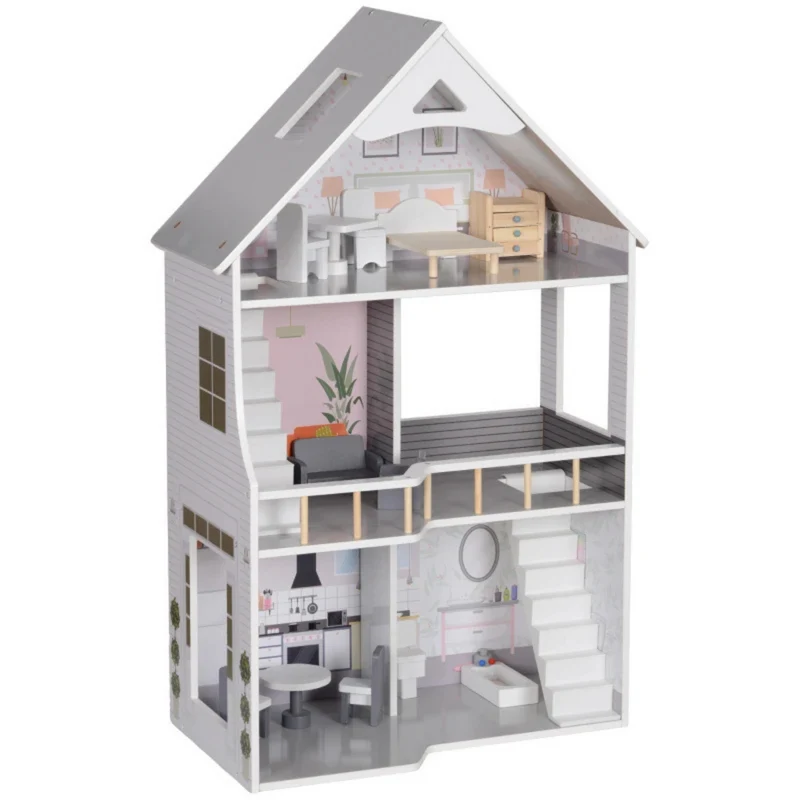 Houten poppenhuis met meubels – 3 verdiepingen voor kinderen van 3–6 jaar