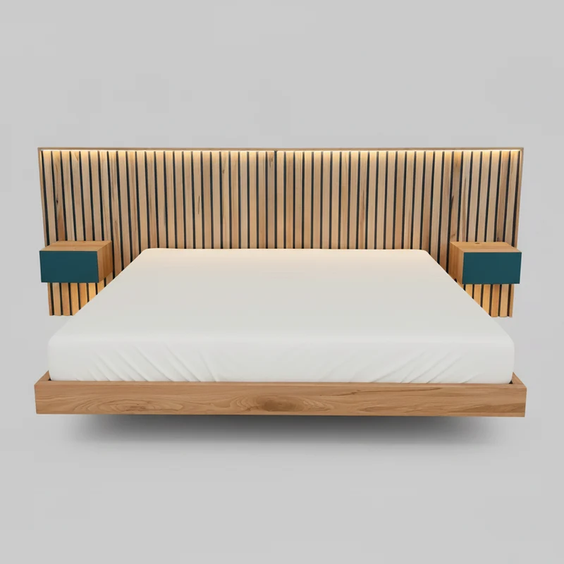Bed in kernbeuk, met hoofdbord, nachtkastjes en LED verlichting, voor matrasmaat 180x200 cm