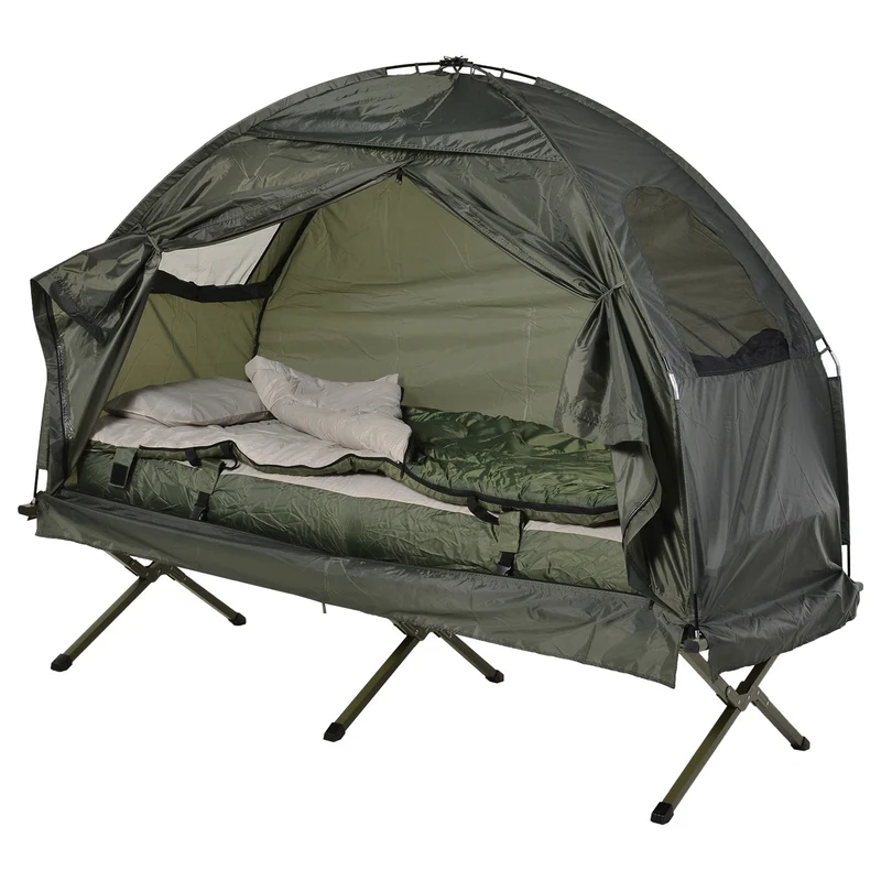 Kampeerbed met matras slaapzak tent groen opvouwbaar 193x78x118 cm