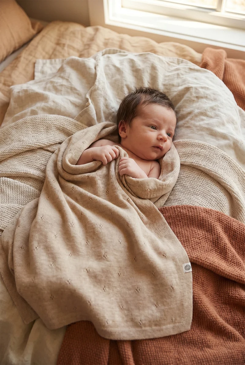 Wollen Babydeken / Kinderdeken / Wikkeldeken - Pointelle Gebreid - Merinowol - Garlic