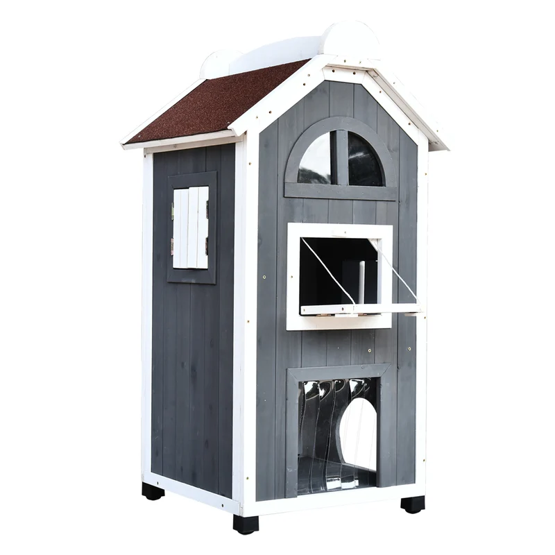 Grijze kattenvilla met terras 109x55x59 cm – Ruim kattenhuis voor ontspanning en avontuur