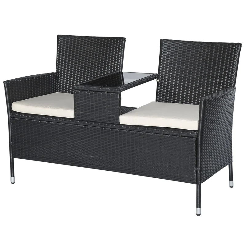 2-zits tuinbank van zwart polyrotan – 133x63x84 cm inclusief comfortabele kussens