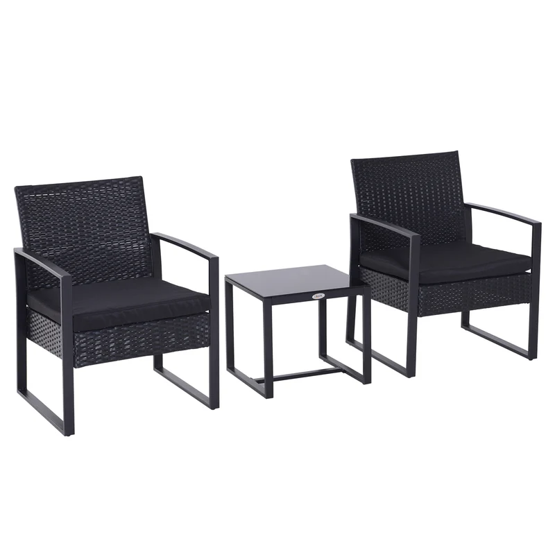 2-persoons tuinset zwart polyrotan – Incl. tafel & stoelen voor balkon of tuin