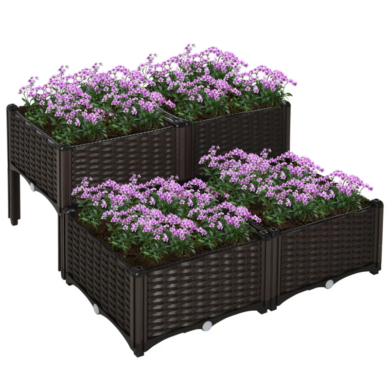 Set van 4 bruine rotan-look plantenbakken 40x40x44 cm