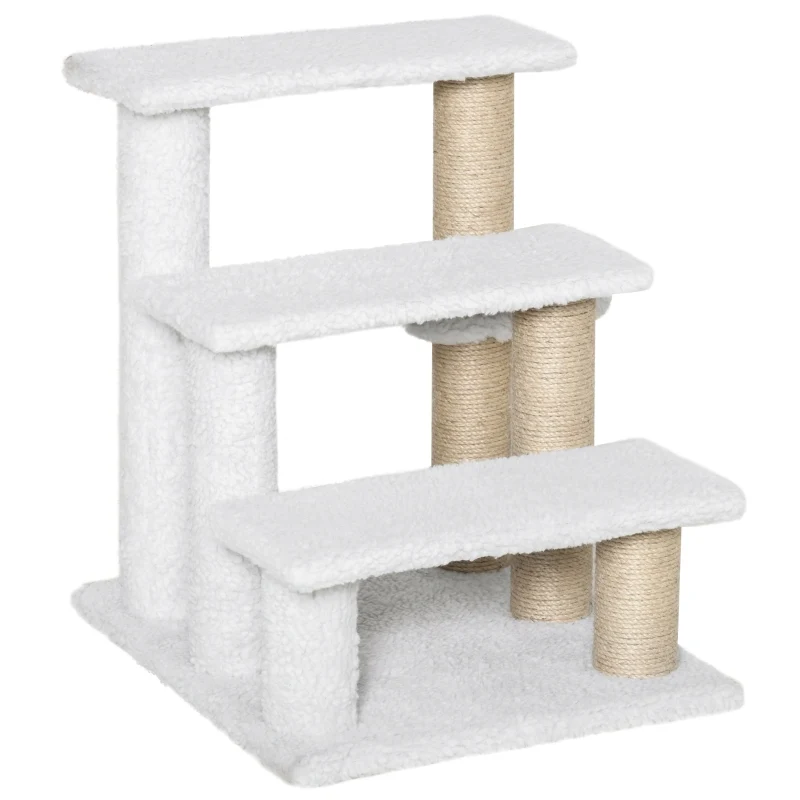 Hondentrap met krabpaal, speelbal en pluche bekleding – wit – 45×40×48 cm