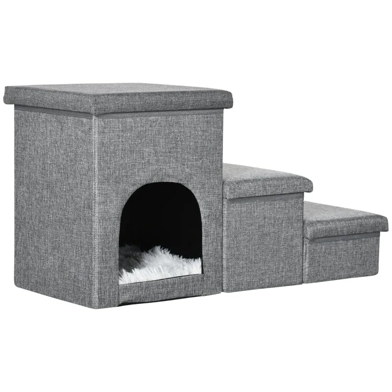 Opvouwbare hondentrap met 3 treden en pluche bekleding – grijs – 74×33×41 cm