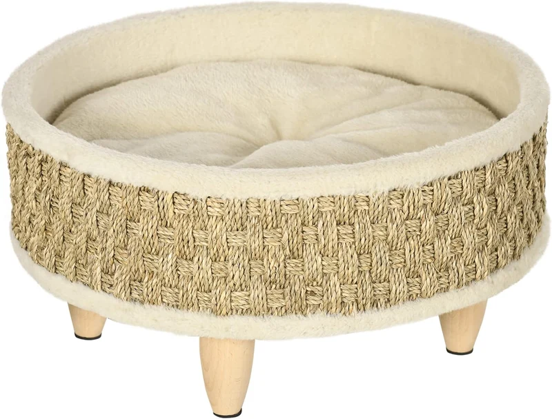 Verhoogde hondenmand kattenmand met wasbaar kussen – beige – Ø48×24,5 cm