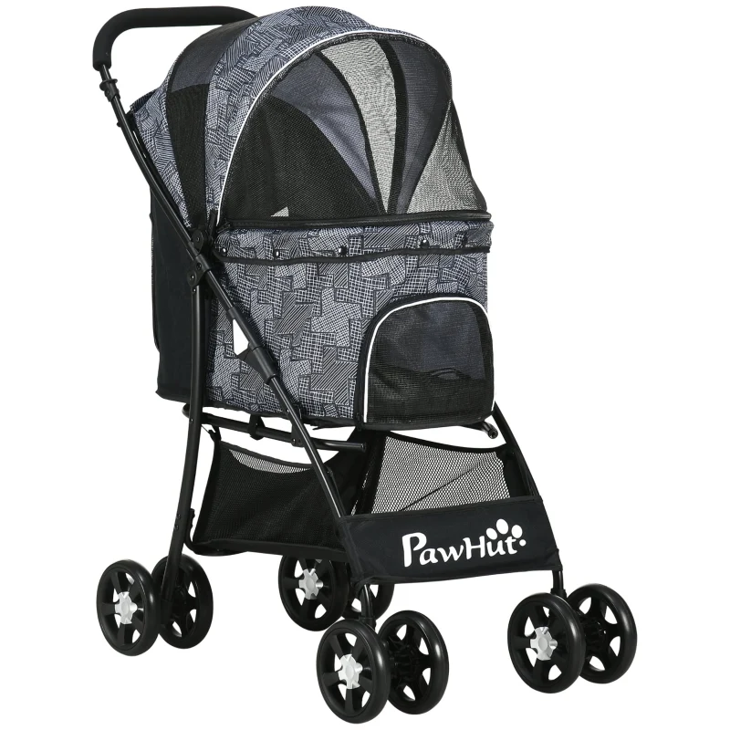 Opvouwbare hondenbuggy met verstelbare kap en opbergruimte – grijs/zwart – 81×48×99 cm