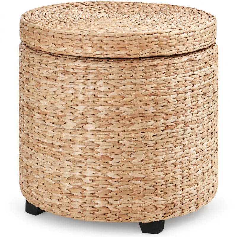 Ronde hocker met opbergruimte en afneembare deksel – stro rotan – Ø43×43 cm