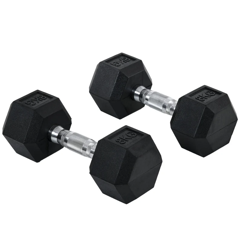 Hexagon dumbbells 2x8 kg rubber voor optimale grip en effectieve krachttraining