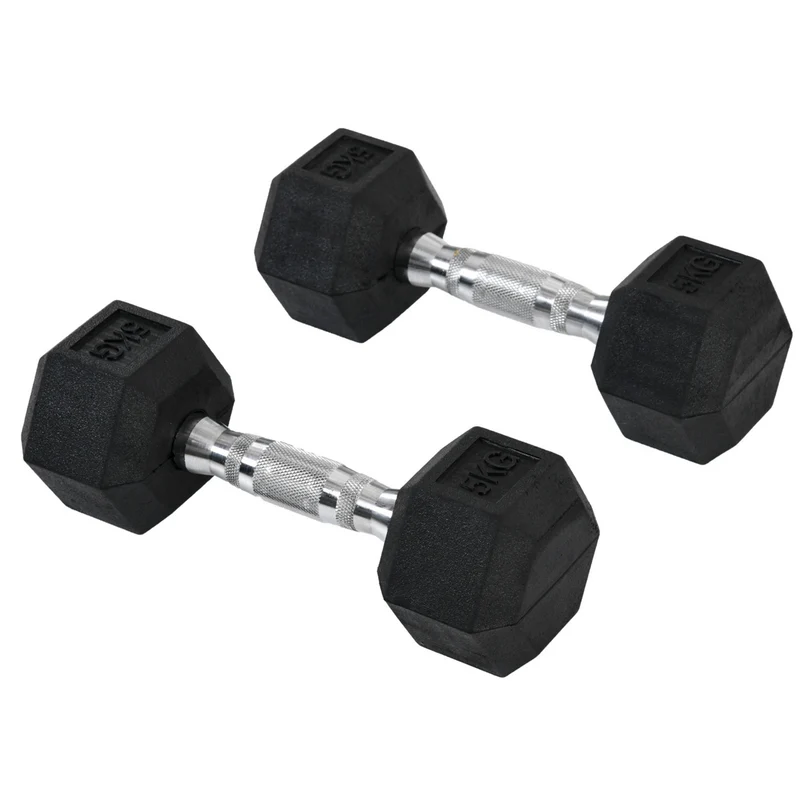 Hexagon dumbbells 2x5 kg rubber voor optimale grip en duurzame trainingservaring