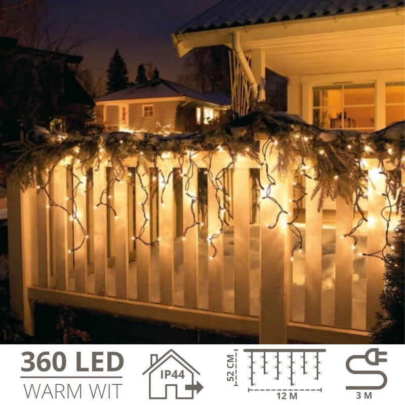 Ijspegelverlichting 12 meter met 360 LED’s – warm wit lichtgordijn voor buitengebruik