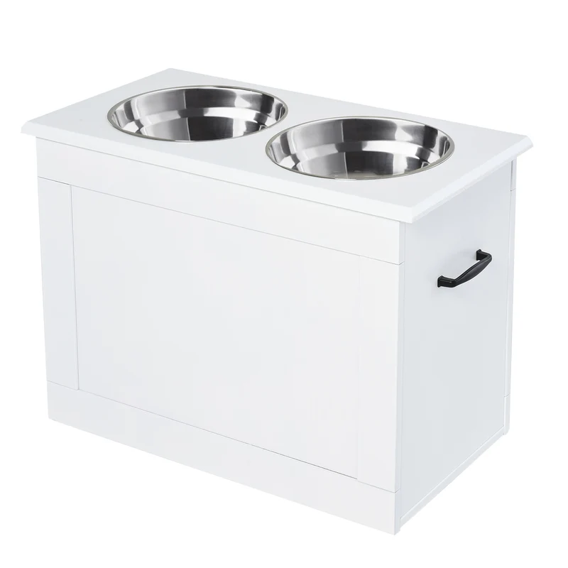 Verhoogde witte voerbak van MDF en RVS – ergonomisch en hygiënisch voor hond of kat