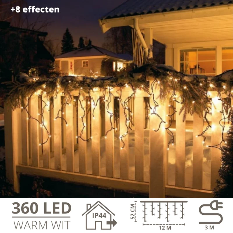 Ijspegelverlichting met 360 LED’s en 8 functies – 12 meter warm wit voor buitengebruik