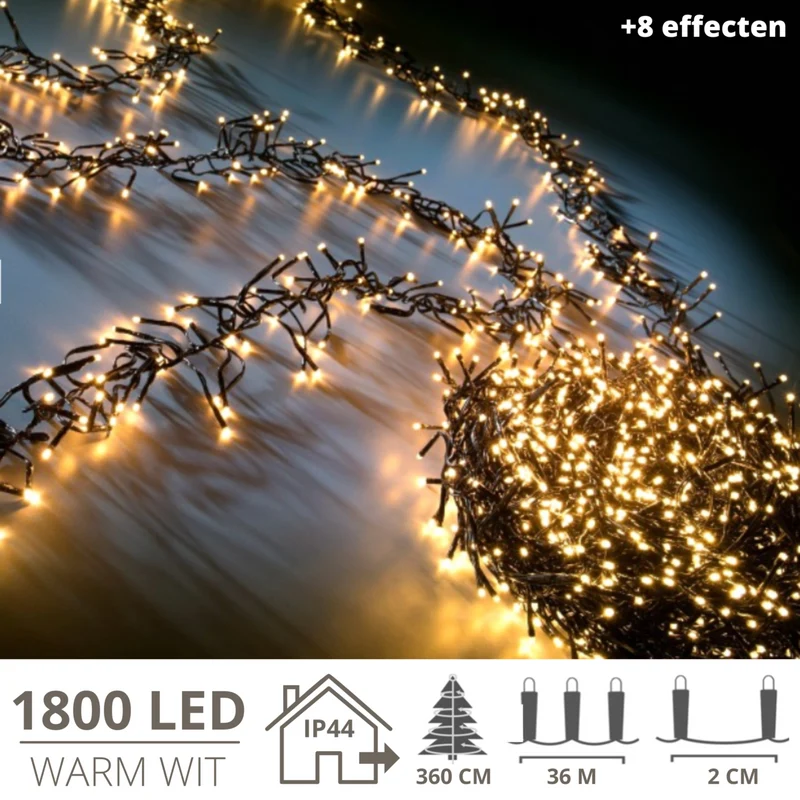 Sfeervolle kerstverlichting met 1800 LED’s – 36 meter warm wit cluster