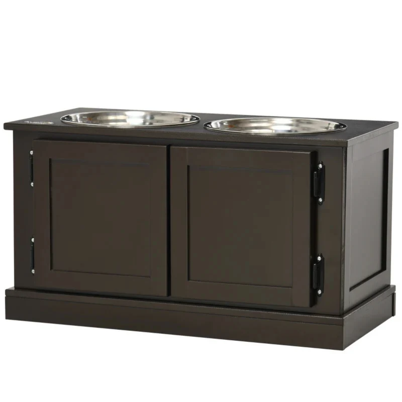 Hondenvoerbak met opbergruimte van MDF en RVS in bruin houtdesign