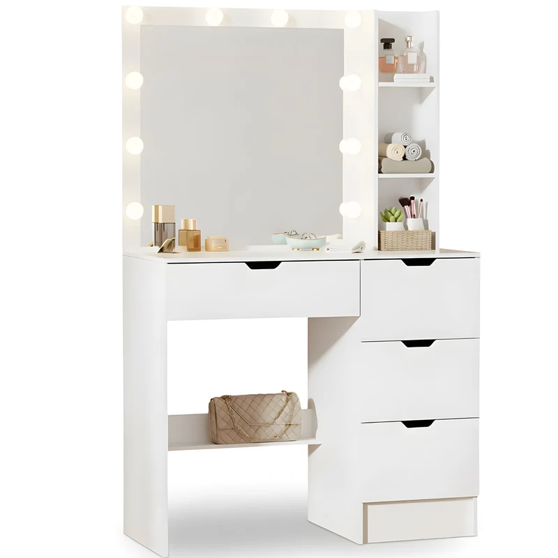 Kaptafel wit met Hollywood spiegel LED en ruime lades voor make-up | Zenzee