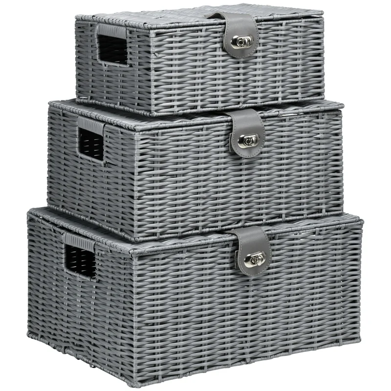 Praktische set van 3 opbergmanden met deksel grijs 36x29x18 cm stevig