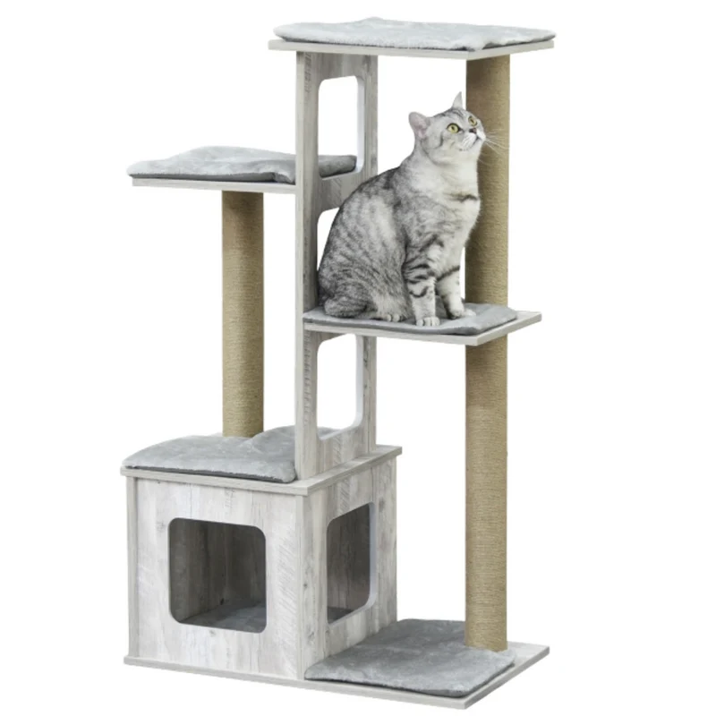 Grijze krabpaal met kattenhuis – 67×38,5×114 cm, sisalpalen en meerdere verdiepingen