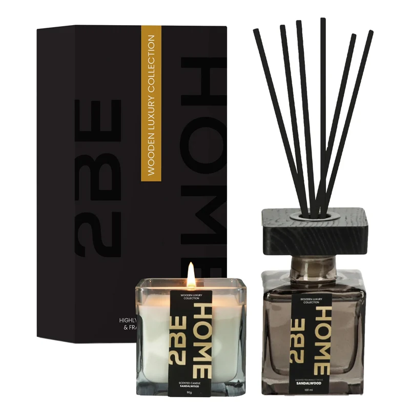 2BEHOME Geurkaars & Geurstokjes Giftset - Wooden Luxury Collection - Sandalwood - Geschenkset - Zwart