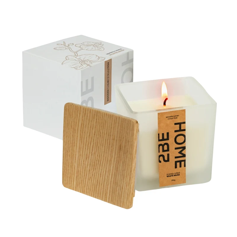 2BEHOME Geurkaars - White Musk - 200 gr - Wooden Luxury Collection - Geurkaarsen in Glas - Kaars - Geurbrander - Wit