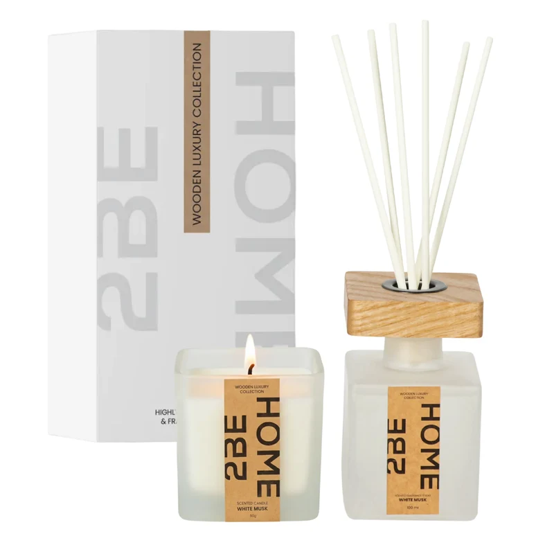 2BEHOME Geurkaars & Geurstokjes Giftset - White Musk - Wooden Luxury Collection - Wit