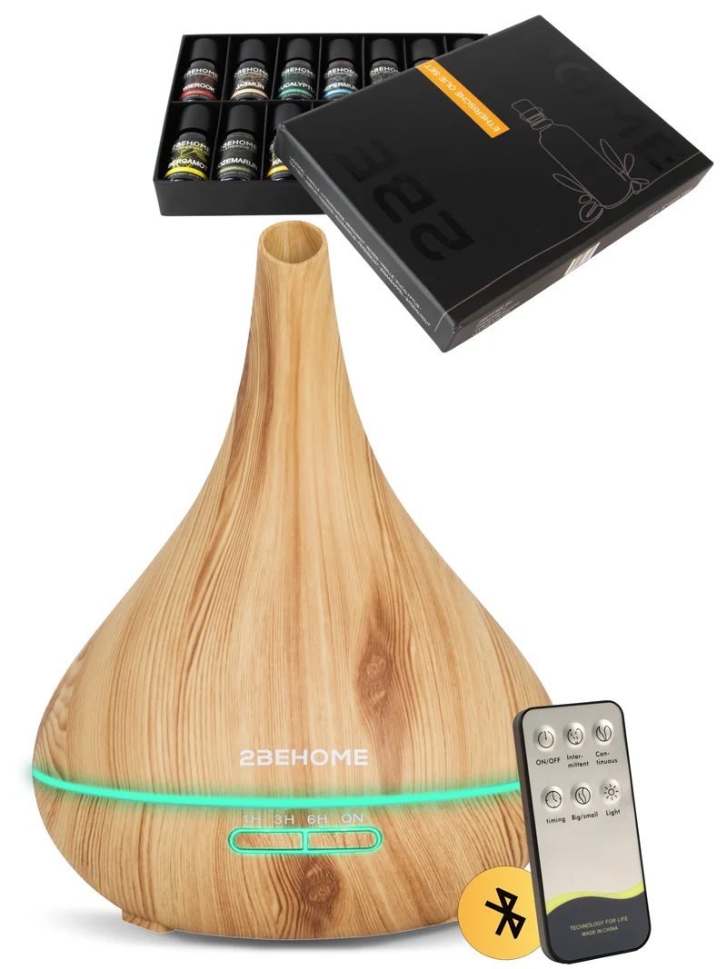 2BEHOME Aroma Diffuser 550ML met Afstandsbediening - Incl. 16 Etherische Oliën - Lichte Houtlook - 7 LED Kleuren - Aromadiffuser Luchtbevochtiger - Geurverspreider