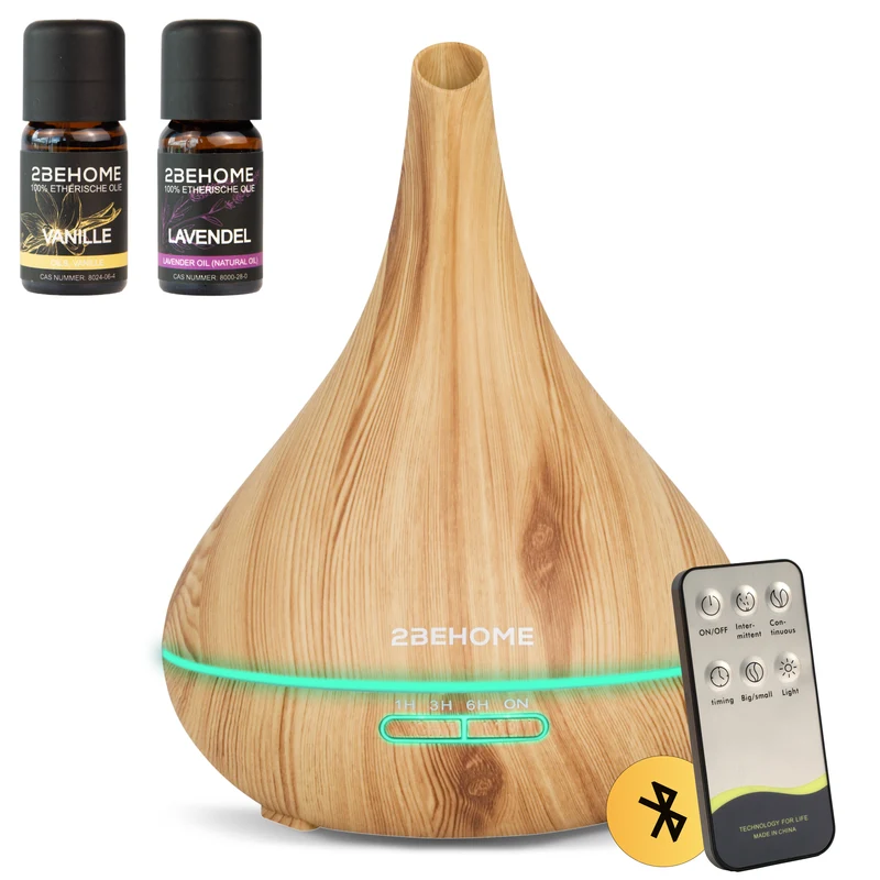 2BEHOME Aroma Diffuser 550ML met Afstandsbediening - Incl. 2 Etherische Oliën - Lichte Houtlook - 7 LED Kleuren - Aromadiffuser Luchtbevochtiger - Geurverspreider