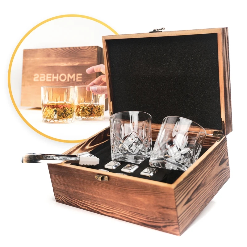 2BEHOME Whiskey set met 2 whiskey glazen en 6 whiskey stones / stenen - Inclusief luxe houten opbergdoos