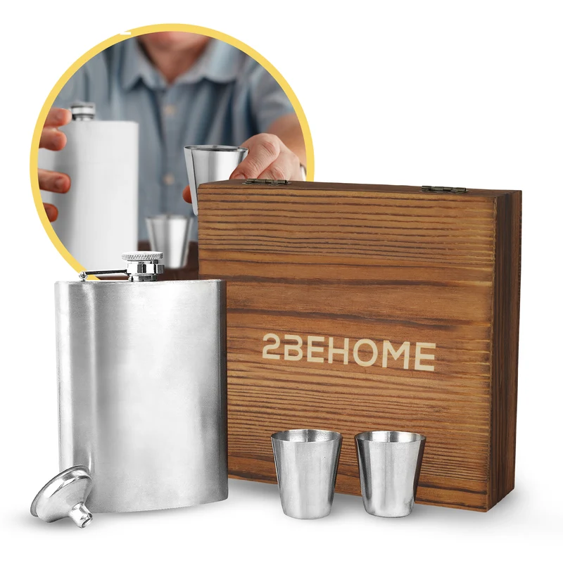 2BEHOME Heupfles met luxe opbergdoos inclusief 2 shotglazen en Trechter - RVS - Veldfles - Heupflacon - Zilver