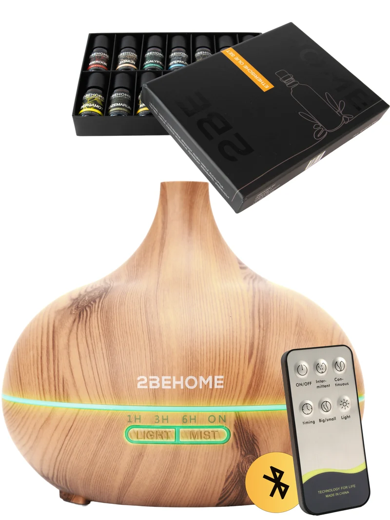 2BEHOME Aroma Diffuser 550ML met Afstandsbediening - Incl. 16 Etherische Oliën Cadeauset - Lichte houtlook