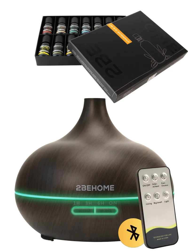 2BEHOME Aroma Diffuser 550ML met Afstandsbediening - Incl. 16 Etherische Oliën Cadeauset - Donkere houtlook