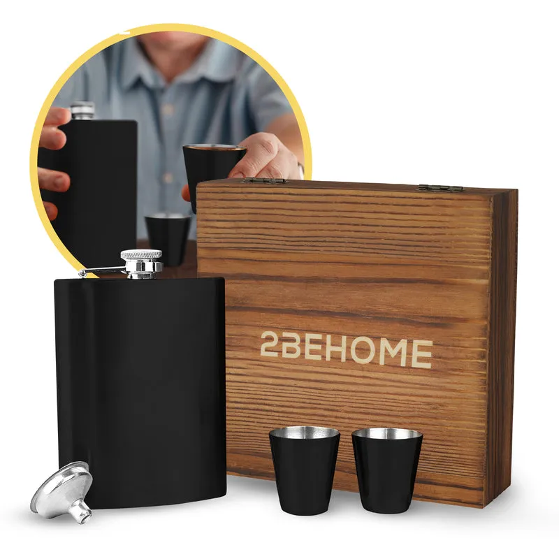 2BEHOME Heupfles met luxe opbergdoos inclusief 2 shotglazen en Trechter - RVS - Veldfles - Heupflacon - Zwart