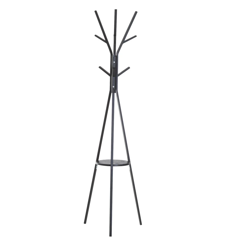 Zwarte staande kapstok met 8 haken en handig schap – 180x45x45 cm