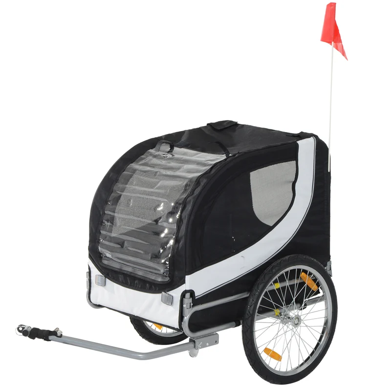 Wit-zwarte hondenfietskar 130x90x110 cm – opvouwbare trailer met luchtbanden en muggengaas