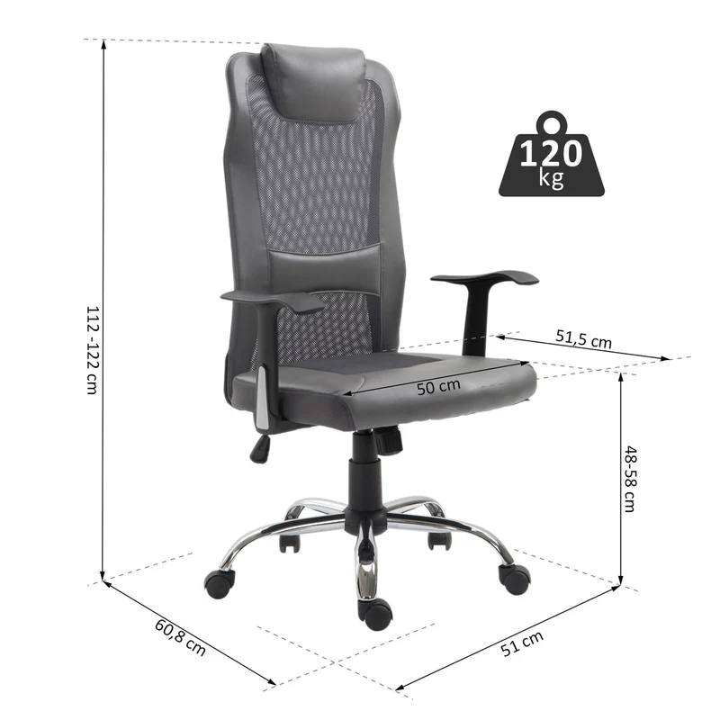 Ergonomische bureaustoel met hoofdkussen (grijs kunstleer)