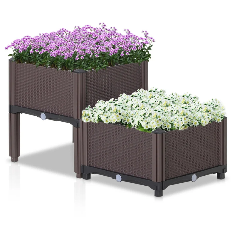 Set van 2 Vierkante Plantenbakken met Rattan Look – 40×40×44 cm – Bruin